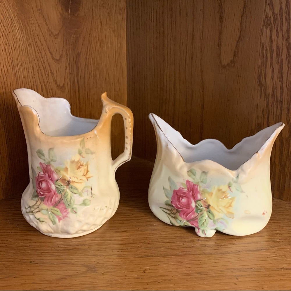 Vintage Hand painted Floral Ceramic Creamer and Sugar Bowl Set